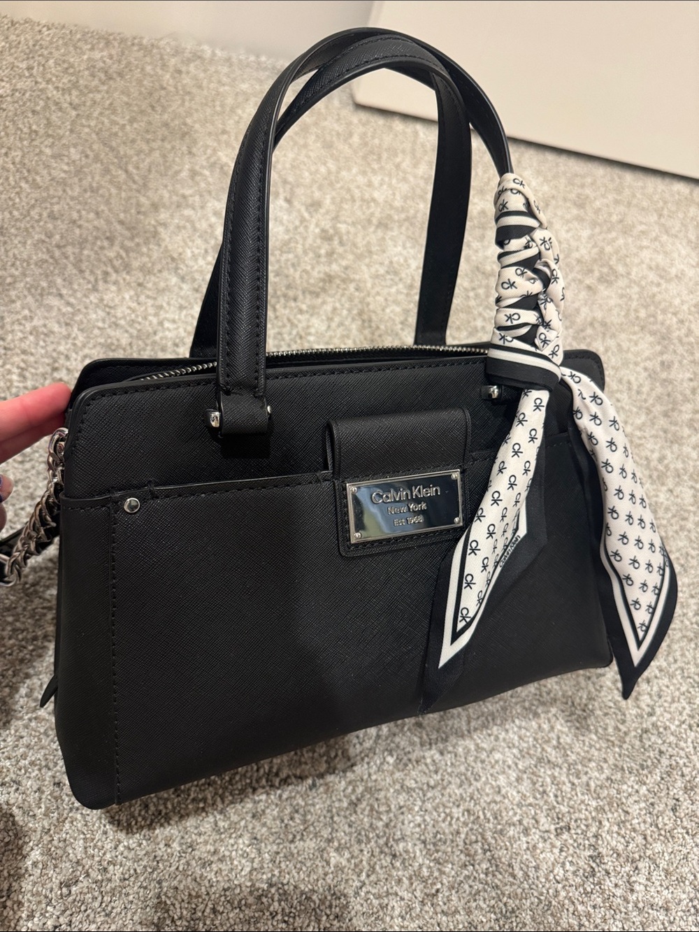 Calvin Klein Black Saffiano Satchel with Scarf Accent